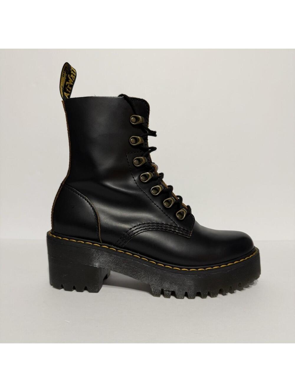 Dr. Martens LEONA Platform Combat GOTH Chunky Lace Up Black Boots Size 7 NEW